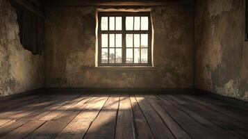 Sunlight streams into an aged, empty room with textured walls, dark wooden floor, and a multi-paned window. The scene conveys quiet decay. photo