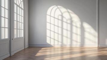 Sunlight streams through an arched window, casting a patterned shadow on the white wall of a classic, elegant room with herringbone floors. photo