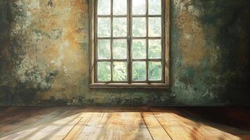 Rustic interior showcases an old window framed against a weathered wall, casting soft light on wooden floors, blending decay and serenity. photo