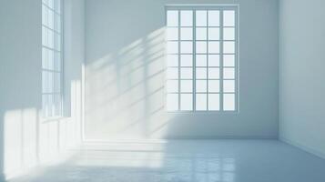 Bright empty room with large windows casting shadows. A clean and minimalist aesthetic is shown with blue walls and a concrete floor. photo