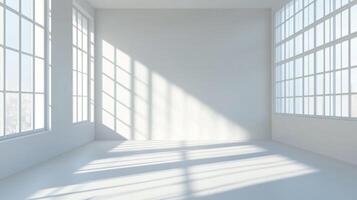 Sunlight streams through large windows in an empty room. A serene space with white walls and floors, creating a bright, minimalist atmosphere. photo