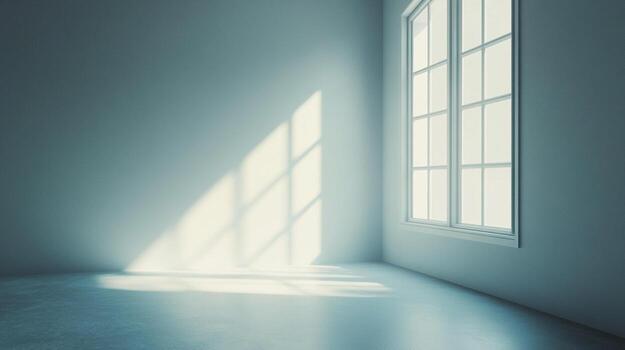 Sunlight streams through a paneled window, illuminating an empty room. The light casts patterns on the wall and floor for calm. photo