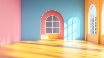 A vibrant room with pastel walls in pink, blue, and yellow, featuring arched windows and sunlight casting dynamic shadows on the wooden floor. photo