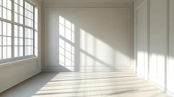 Sunlight streams into a bright, classic-style room with white walls and a light wood floor. The window casts a patterned shadow. photo