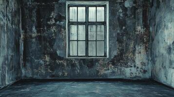 Dilapidated room with a window. An old space showing decay and disrepair, revealing textured walls and muted colors. A solemn atmosphere photo