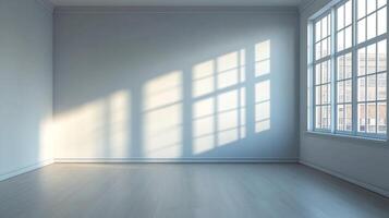 Sunlight streams through large window in empty, bright room, casting shadows across the white walls and light wood flooring. Modern and serene. photo