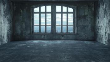 Dilapidated room with a large window offering a cityscape view, the worn walls and floor contrast with the bright skyline beyond. photo