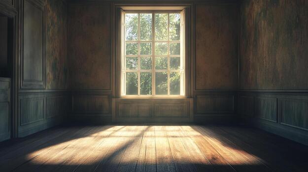 Sunlight streams through a window in an old room, illuminating the wooden floor. A bright, inviting, and old-fashioned room. photo