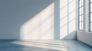 Sunlight streaks across a modern interior, creating dynamic shadows on the wall and floor, and a light, airy atmosphere. photo