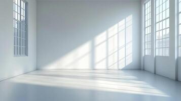 Bright, white room with sunlight streaming in from the windows creating a sense of spaciousness and tranquility, a modern architectural interior. photo