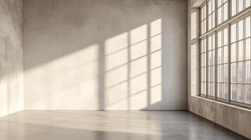 Sunlight streams into an empty loft with large windows, casting shadows. A stark, yet inviting, space. Minimalist design at its finest. photo
