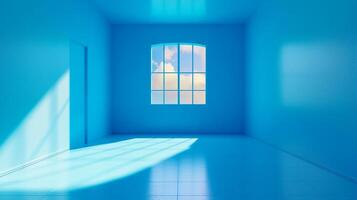 Azure room with window revealing fluffy clouds, bathed in light, creating a surreal, calming atmosphere. Modern minimalism design style photo