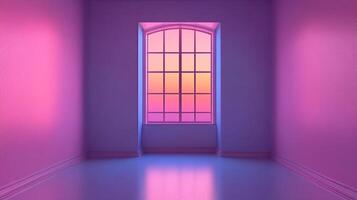 An empty pink room with a window showing sunset colors. The reflection illuminates the floor with an ethereal glow. Serene atmosphere. photo