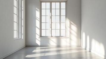 Sunlight streams through large windows, illuminating a bright, minimalist room with white walls and a light-colored floor. Serene and inviting. photo