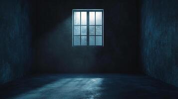 A dim room, lit only by the faint glow filtering through a frosted window. A somber mood is set by cold blue light illuminating worn walls. photo