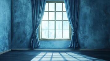 A serene blue room featuring a window framed by elegant blue curtains, casting soft light patterns on the floor. Inviting and peaceful space. photo