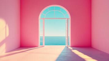 Open arched doorway in a pink room framing an ocean view, creating a portal to tranquility and escape. Sunlight streams into the space. photo