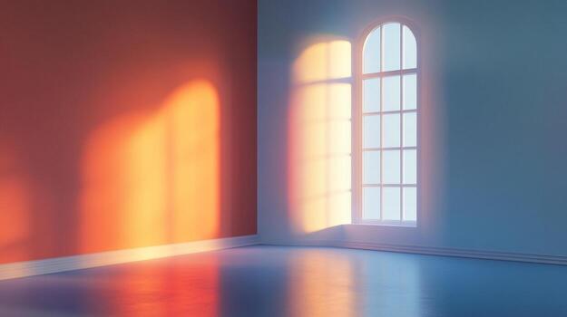 Sunlight streams into an empty room with walls painted in shades of orange and blue. A window casts light, creating a warm and inviting atmosphere. photo