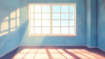 Sunlight streaming through a window casts a warm glow on a tranquil blue room, creating a peaceful and inviting atmosphere. photo