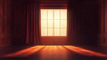 A window casts warm light into a room, illuminating the space with a soft glow, flanked by dark curtains, creating a serene atmosphere. photo