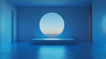 Monochromatic blue interior featuring a round window displaying a calming horizon and a simple platform in the center of the room. photo