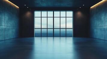 Sleek interior design featuring expansive windows offering scenic views, complemented by modern concrete walls and polished floors. photo