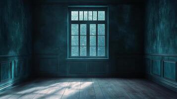 Serene moonlight filters through a paneled window, illuminating an empty room. Light and shadow create a tranquil, inviting atmosphere. photo