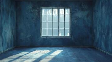 Empty room with blue textured walls and a window, casting light patterns on the floor. Minimalist and moody interior with a simple design. photo