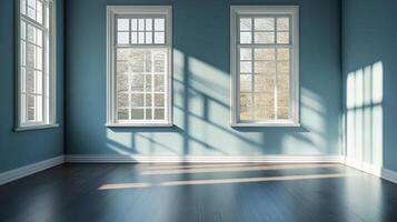 Sunlight streams into a blue room through gridded windows, casting light across dark floors, creating a bright and serene atmosphere. photo