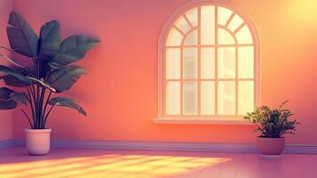 A serene indoor scene featuring potted plants near a window, bathed in warm light on orange walls and floor in an empty room. photo