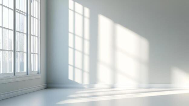 Bright room with sunlight streaming through the window creating shadows on the walls and floor. A minimalist and serene setting. photo