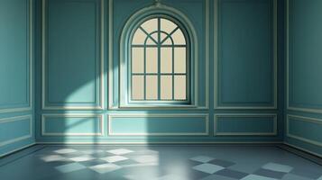 A teal room with elaborate paneling, a large arched window, and a checkerboard floor basking in soft, warm sunlight. photo