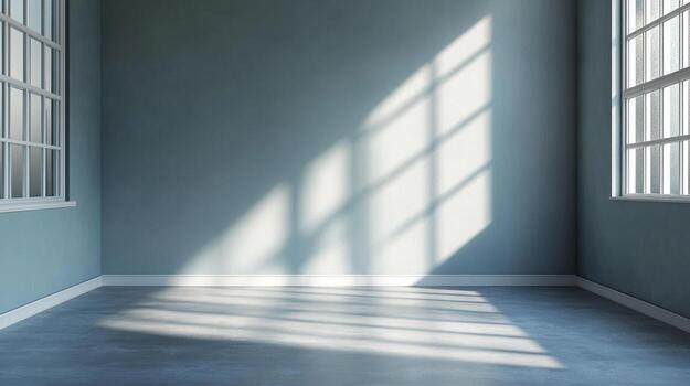 Sunlight streams through windows into a spacious, empty room, creating bright patterns on the floor and wall, highlighting the calm atmosphere. photo