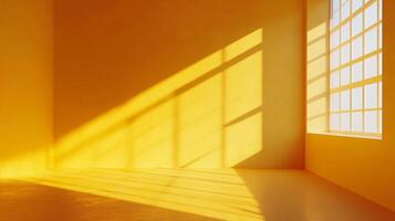 Sunlight streams through a window, casting geometric shadows across an orange room. The interplay of light and shadow creates depth. photo