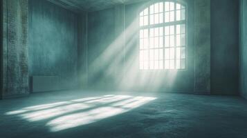Sunlight streams into an empty room, illuminating dust motes and creating patterns on the floor, evoking a sense of serene emptiness. photo