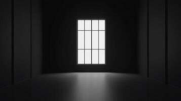 Minimalist black interior with central window creates a contemplative space, blending architecture and abstract composition. photo