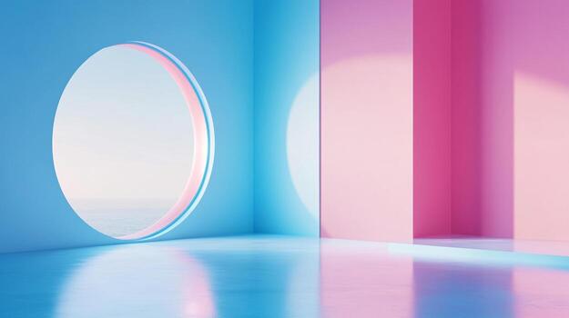 Abstract architecture featuring a round window revealing a sea view, bathed in soft, surreal lighting and pastel color scheme. photo