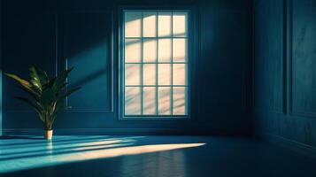 Sunlight streams through a gridded window into a room with blue walls, illuminating a plant in a minimalist setting, creating a serene ambiance. photo