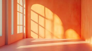 Empty terracotta room filled with sunlight streaming through windows, creating shadows and a warm ambiance on the walls and floor. photo