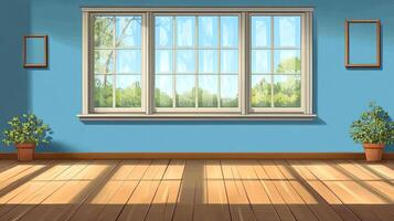 A bright and welcoming room with a view. Sunlight streams through the window, highlighting the wooden floor and adding to the warmth of the scene. photo