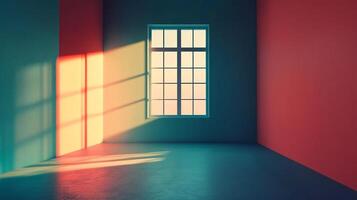 Sunlight streams through a window, casting shadows on the walls of an empty room with vibrant red, teal, and peach colored walls. photo
