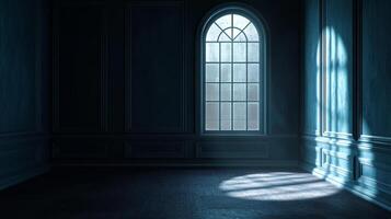 Illuminated window in a dark room casting shadows on the walls and floors in a minimalist architectural photography style. photo