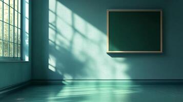 Classroom illuminated by natural light, with a chalkboard on the wall. Peaceful and serene atmosphere for learning and education. photo