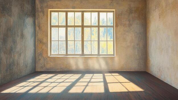 Sunlight streams through a window, casting patterns on the wooden floor in an empty room with textured walls, creating a peaceful scene. photo