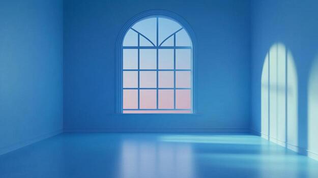 Serene blue room with natural light shining through an arch window creating a tranquil, contemplative space with simple architectural design. photo