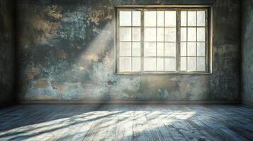 Sunlight streams through a window illuminating the aged walls and weathered wooden floor of an old, empty room, creating a serene atmosphere. photo
