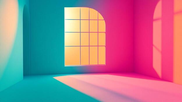 Vibrant room with window casting colorful shadows. Modern design featuring teal and pink walls, creating a dynamic and visually stimulating space. photo
