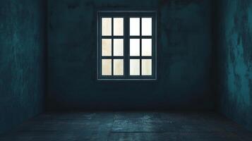A stark, moody scene with a window illuminating a desolate room, evoking feelings of isolation and contemplation. Dimly lit and grunge-textured. photo