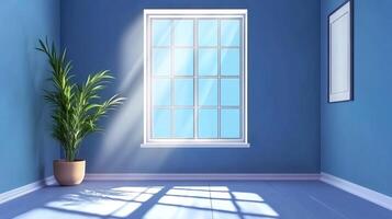 Sunlit serene space. Sunlight streams through the window, illuminating a plant in a blue room with a minimalist aesthetic, promoting calmness. photo