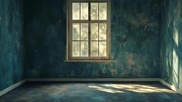Sunlight streams through a window illuminating a room with distressed walls and a vintage window. The light casts long shadows on the floor. photo